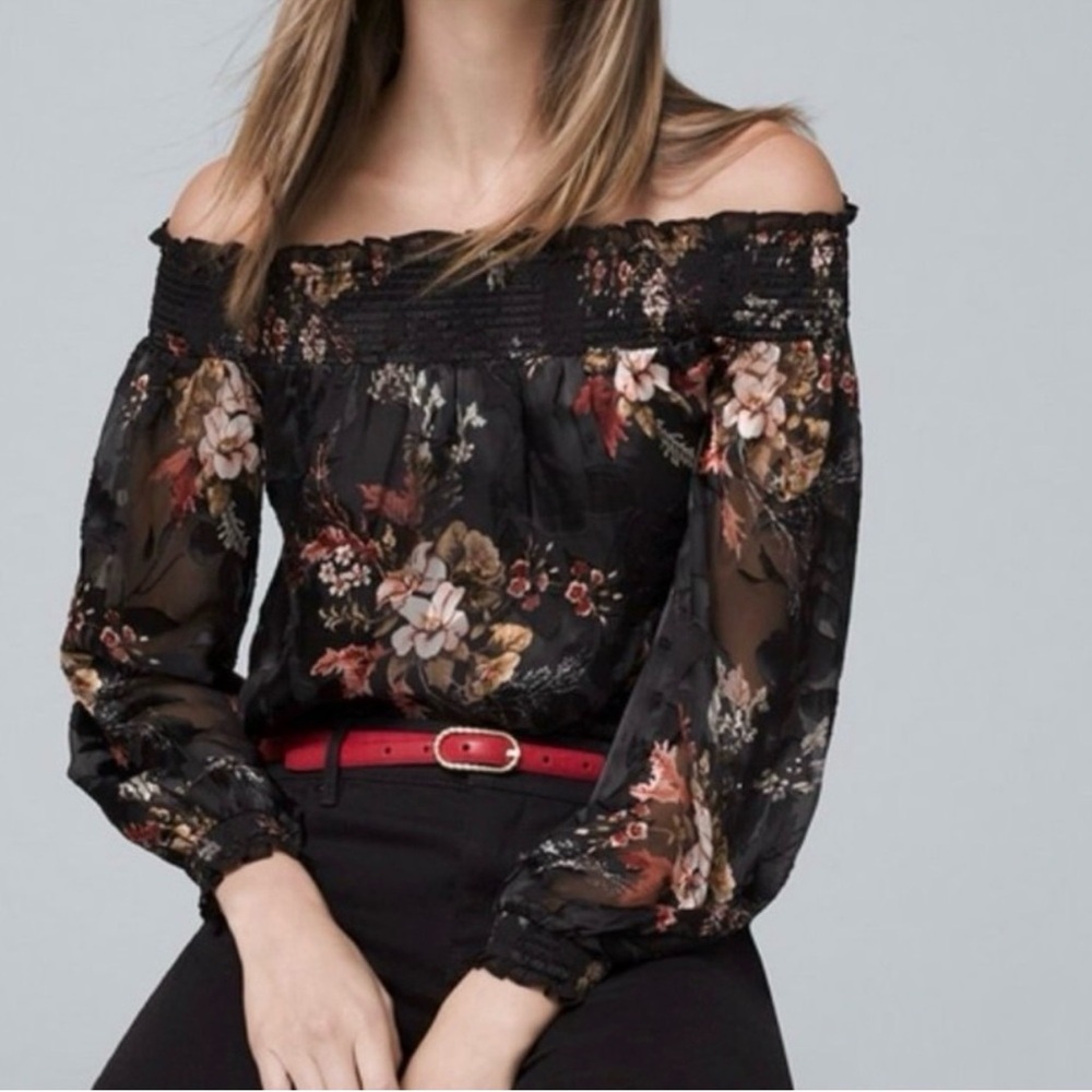 White House Black Market Black Floral Off-Shoulder Top